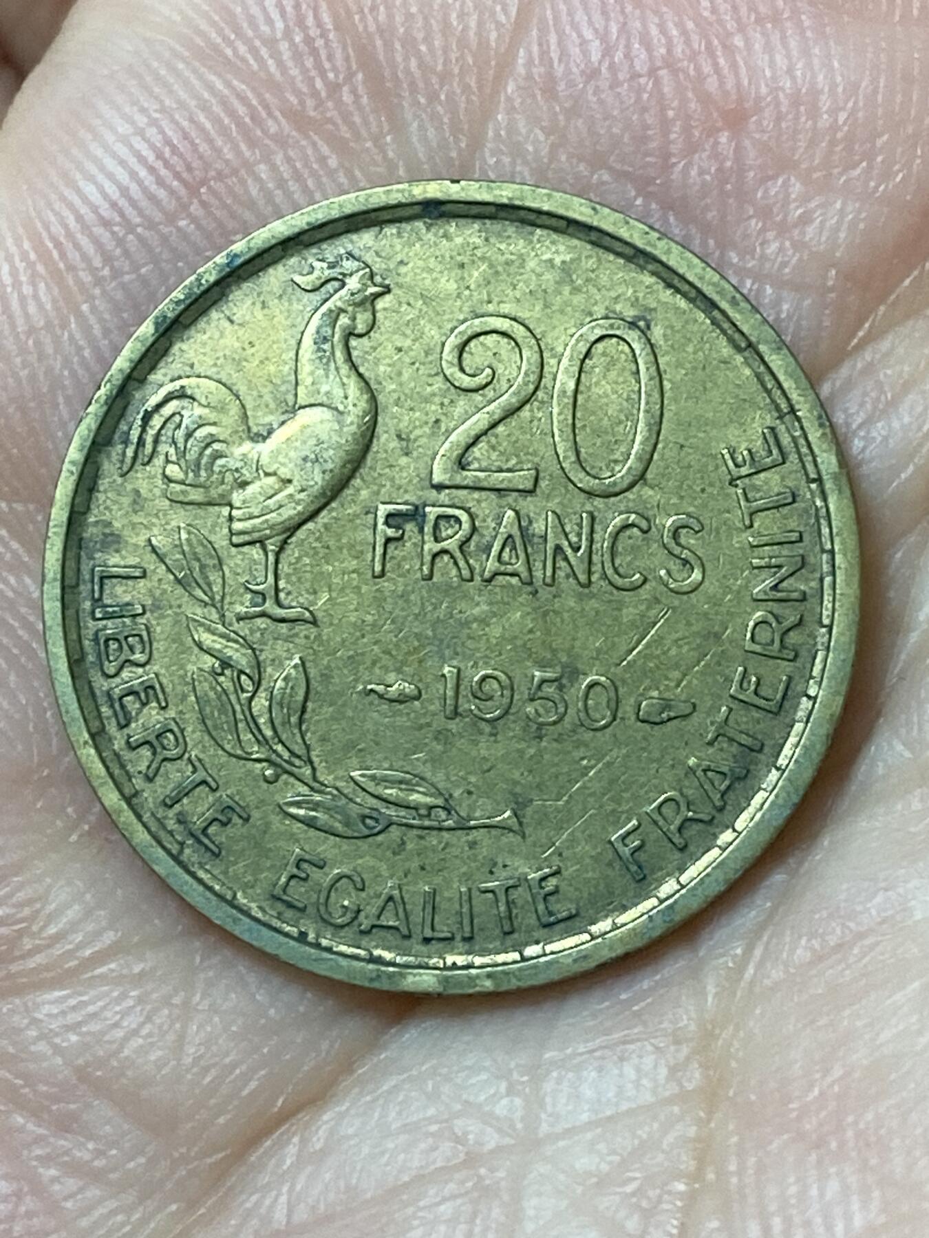 2026年第二十五场(总第一百九十四场）外国好品散币场(免佣金) 法兰西第四共和国1950年20法郎(头像后单排字，4羽版)