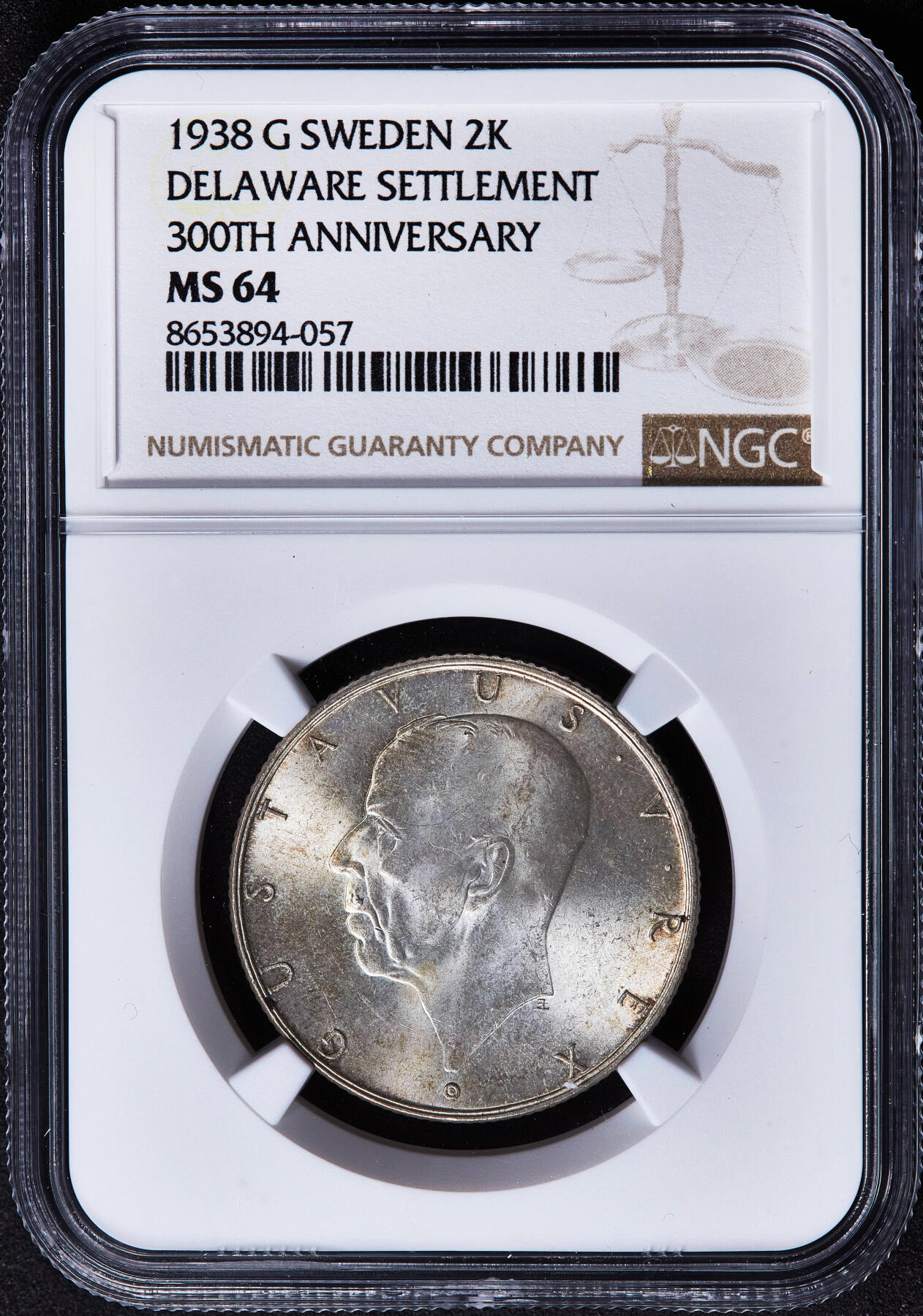 【俄甄集藏】马年新春第一拍 2026年(048)02-25星期三 晚 19:30 全场包邮 瑞典1938年G版美国特拉华州移民三百年纪念2克朗银币，NGC MS64，黄油彩，车轮转光