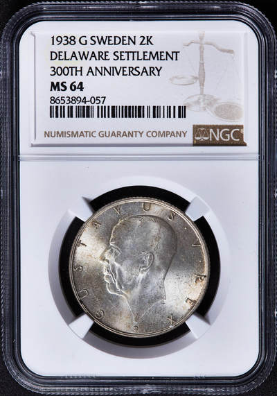 【俄甄集藏】马年新春第一拍 2026年(048)02-25星期三 晚 19:30 全场包邮 - 瑞典1938年G版美国特拉华州移民三百年纪念2克朗银币，NGC MS64，黄油彩，车轮转光