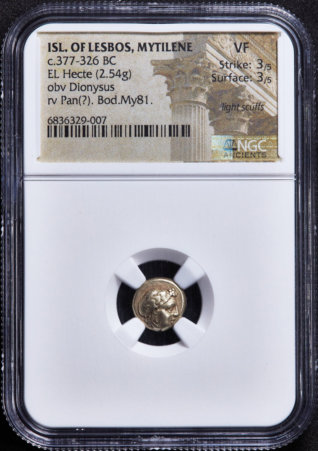 【俄甄集藏】马年新春第一拍 2026年(048)02-25星期三 晚 19:30 全场包邮 古希腊莱斯博斯岛公元前377年-前326年酒神和潘神琥珀金币，NGC VF( Str 3/5, Sur 3/5)，米蒂利尼城邦发行，直径：10mm，重量：2.54g，面值：1/6标准重琥珀金标币，正面：年轻的酒神狄奥尼索斯头像，反面：潘神头像