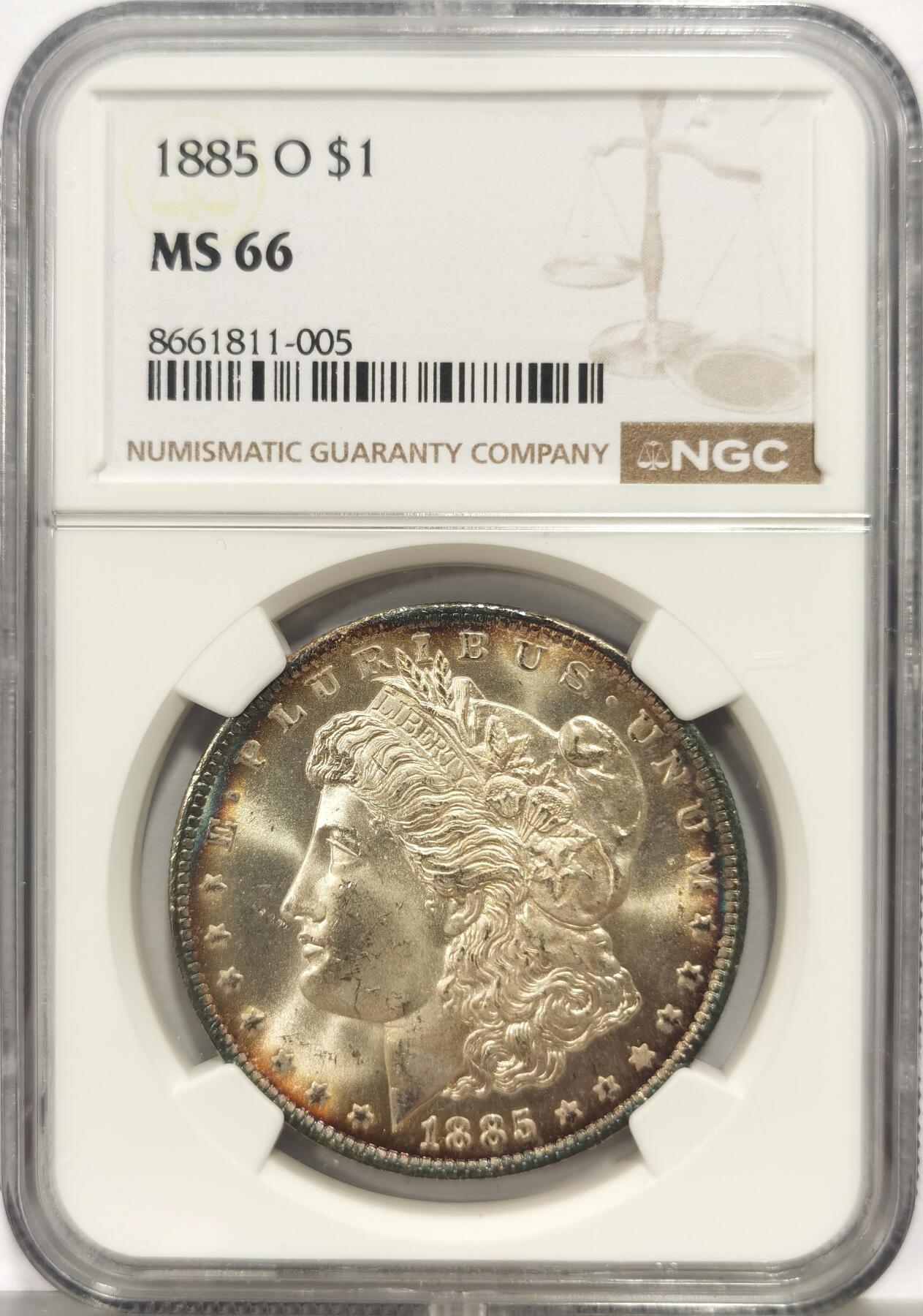 博洋堂蛇年收官专场暨第161期（全场包邮） NGC MS66 美国1885 O 摩根 双面彩虹光环包浆