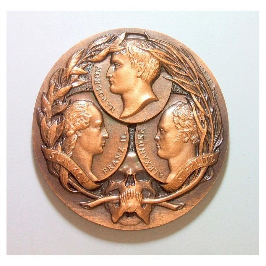 【艺术】法国艺术大章1805年 拿破仑亚历山大一世弗朗茨高浮雕精制超大铜章 带原盒 70MM 153克