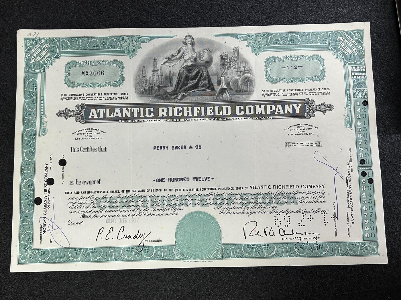 西秦中古拍卖第七十七期 2026马年新春专场 本场拍品年初九发出 1967年美国大西洋炼油公司股票