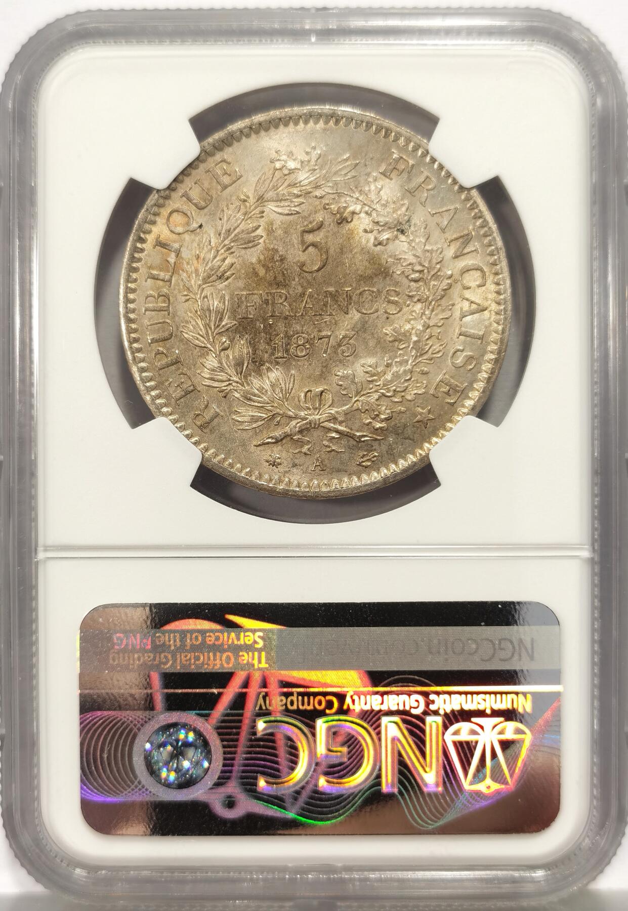 博洋堂世界钱币拍卖第162期（全场包邮） NGC MS63 法国1873年大力神5法郎大银币，经典品种，极美五彩，高品质的一枚。
