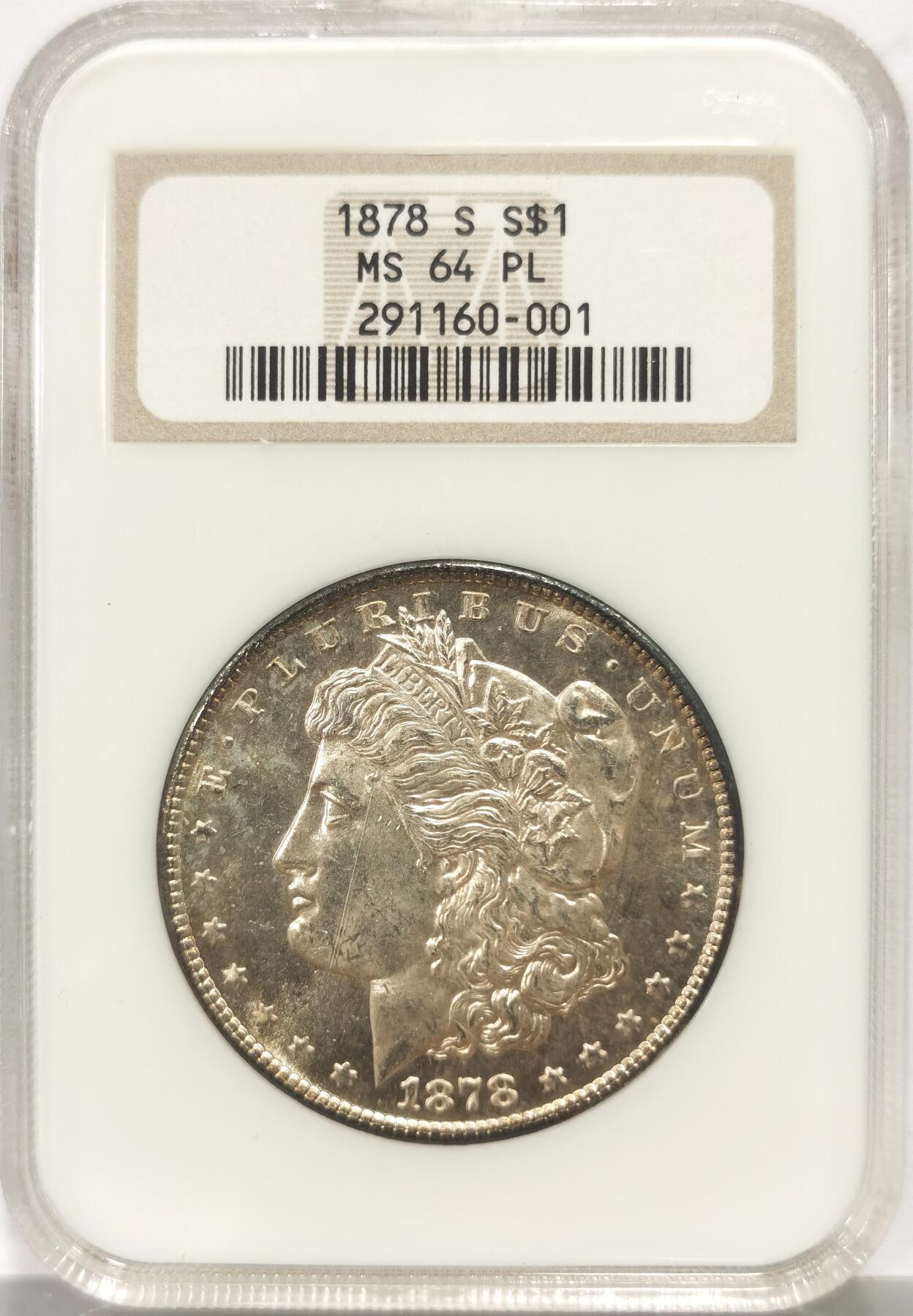 博洋堂蛇年收官专场暨第161期（全场包邮） NGC MS64PL 美国1878 S 摩根 OH 麦稀奇首见高分稀有品种 首年摩根的极其稀有类镜面版别 币面霜感十足 鹰面环状五彩 极为绚丽 老盒严评 一枚即毕业 极其难得的收藏品