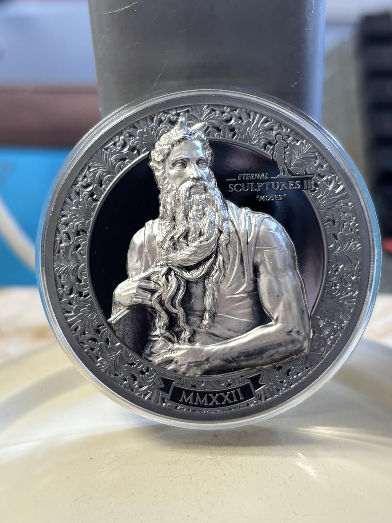 第191期拍卖 帕劳2022年永恒的雕塑梅瑟3盎司纪念银币，999银，发行499枚，外盒有破损