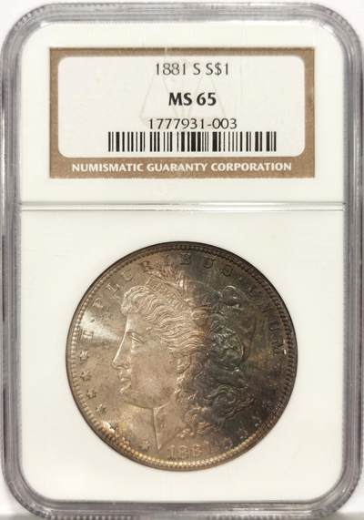 博洋堂世界钱币拍卖第162期（全场包邮） - NGC MS65 美国1881 S 摩根 人像面厚重彩虹包浆 老盒严评