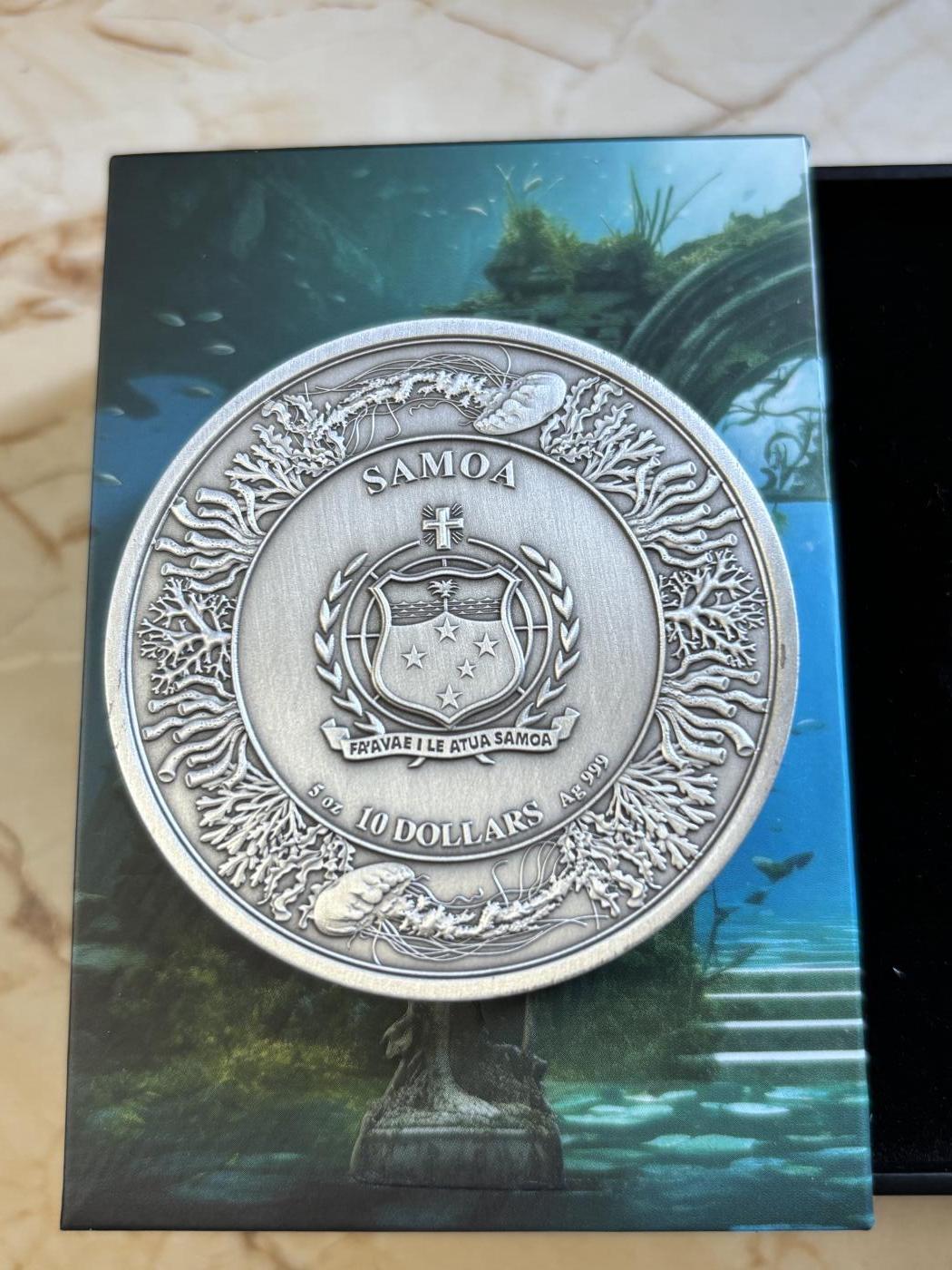 第191期拍卖 萨摩亚2025年亚特兰蒂斯仿古镀金5盎司纪念银币机关币，999银+铜镍合金，5盎司银+110克铜镍，发行249枚