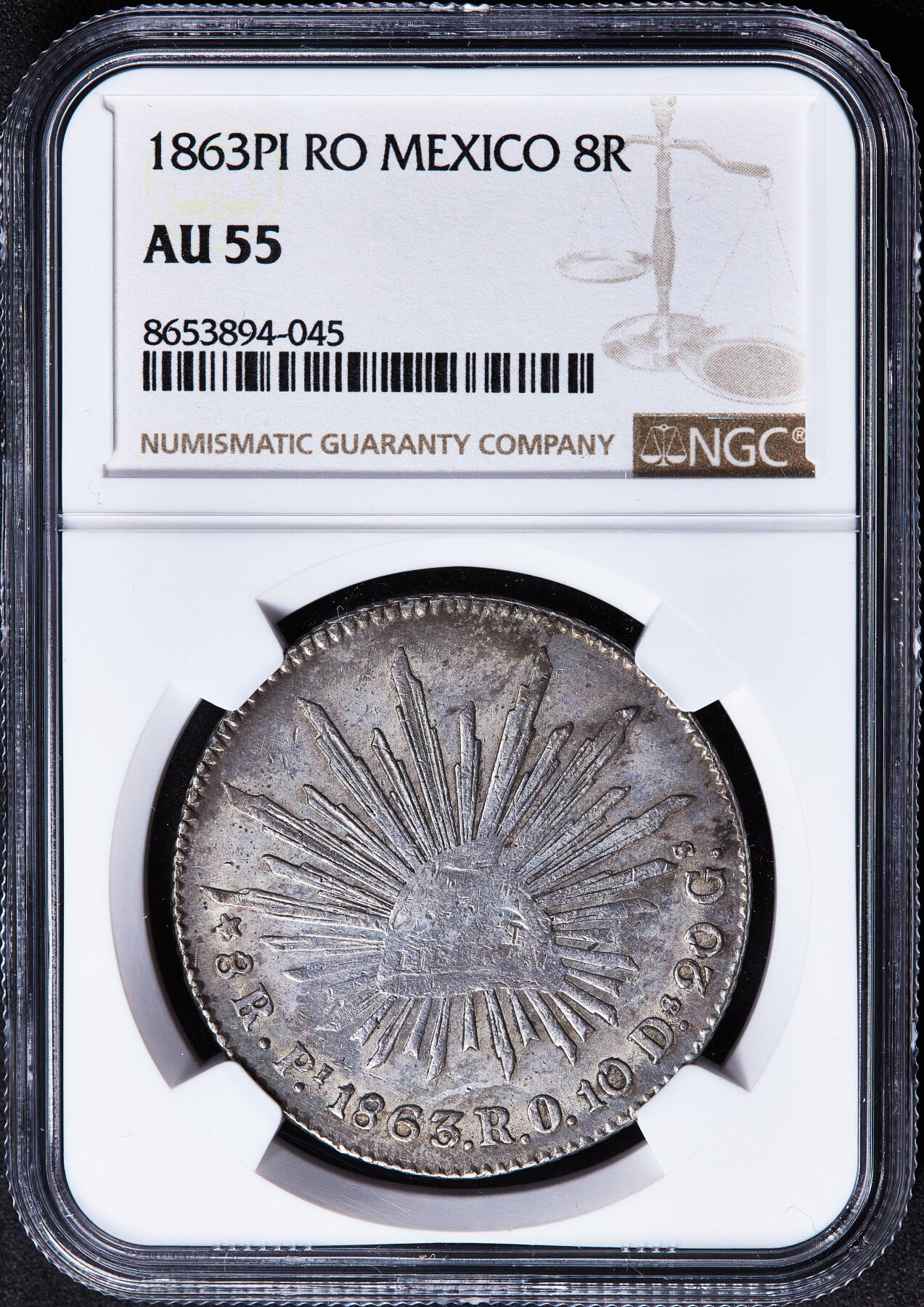 【俄甄集藏】马年新春第一拍 2026年(048)02-25星期三 晚 19:30 全场包邮 墨西哥1863年Pi RO版8里亚尔鹰洋大银币，NGC AU55，少见中期版，原味老包浆，底光犹存