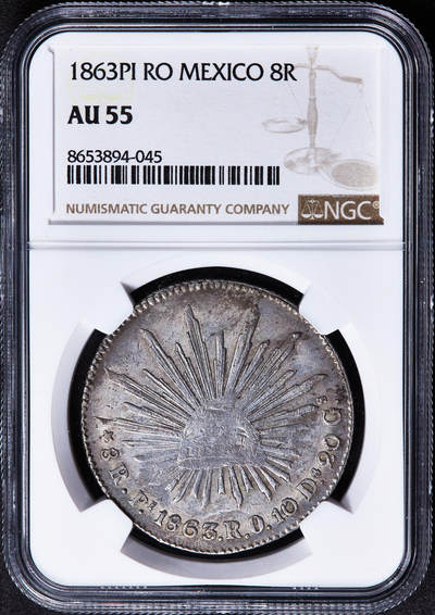 【俄甄集藏】马年新春第一拍 2026年(048)02-25星期三 晚 19:30 全场包邮 - 墨西哥1863年Pi RO版8里亚尔鹰洋大银币，NGC AU55，少见中期版，原味老包浆，底光犹存