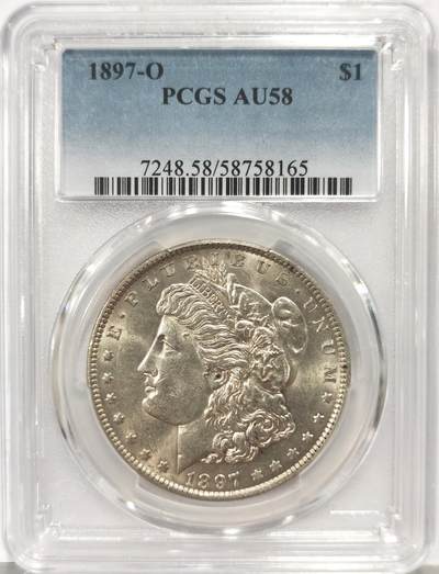 博洋堂蛇年收官专场暨第161期（全场包邮） - PCGS AU58 美国1897 O 摩根 此年份摩根大量钱币於法案中被融毁 因此好品难寻 麦稀奇首见如此高分稀有钱币 此币乃收藏中必不可少的一环 转光犀利 O厂中难有打制如此完美 PCGS指导价3991