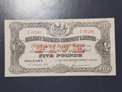 2月13号晚上8点 外国纸币自动截拍第25场 - 北爱尔兰贝尔法斯特银行 1966年5镑 稀少大票 首府纸币