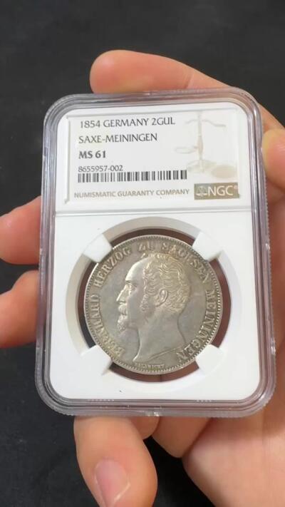 “福币呈祥”新年甄品场（直播拍卖）甄臻铺-世界币章拍卖（第50期），送拍享返佣金等优惠多多 NGC-MS61 1854年德国萨克森-梅宁根2古尔登大银币 罕见小邦品种 暴力十字转光银霜满满，低评高性价比