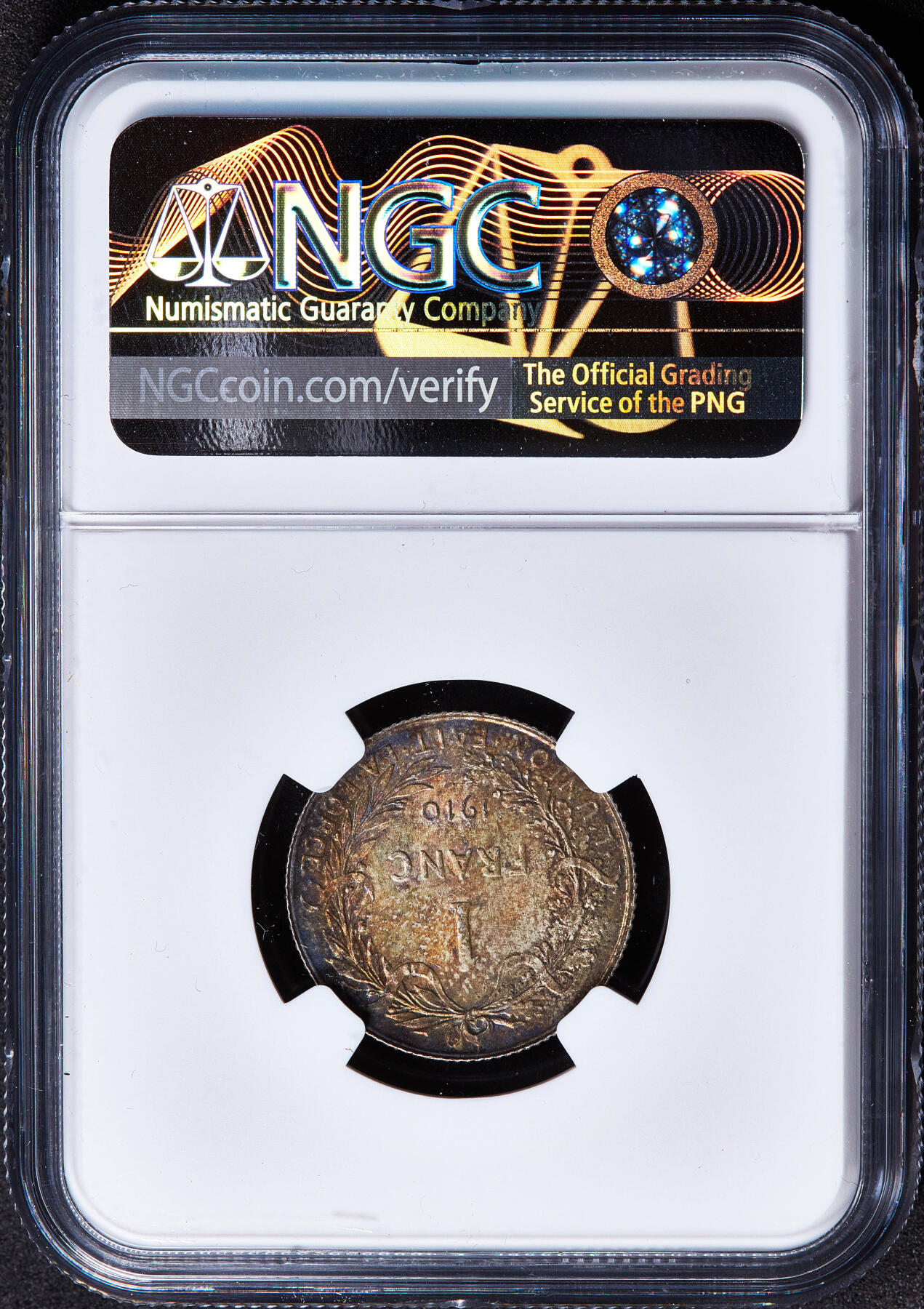 【俄甄集藏】马年新春第一拍 2026年(048)02-25星期三 晚 19:30 全场包邮 比利时1910年阿尔贝一世法语版1法郎银币，NGC MS64，五彩酱彩老包浆，原光品相