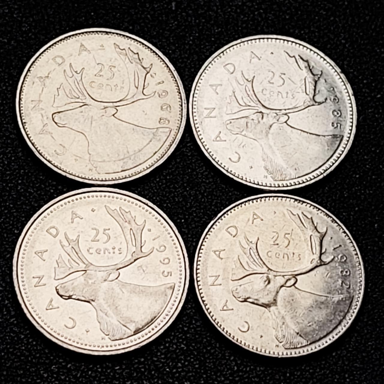 泉币菌-第192场- 除夕专场-新年快乐 本场拍品多 请提前出价（年后发货）  高币值 加元一组4枚 加拿大驯鹿1/4元 伊丽莎白二世女王像 23.9mm