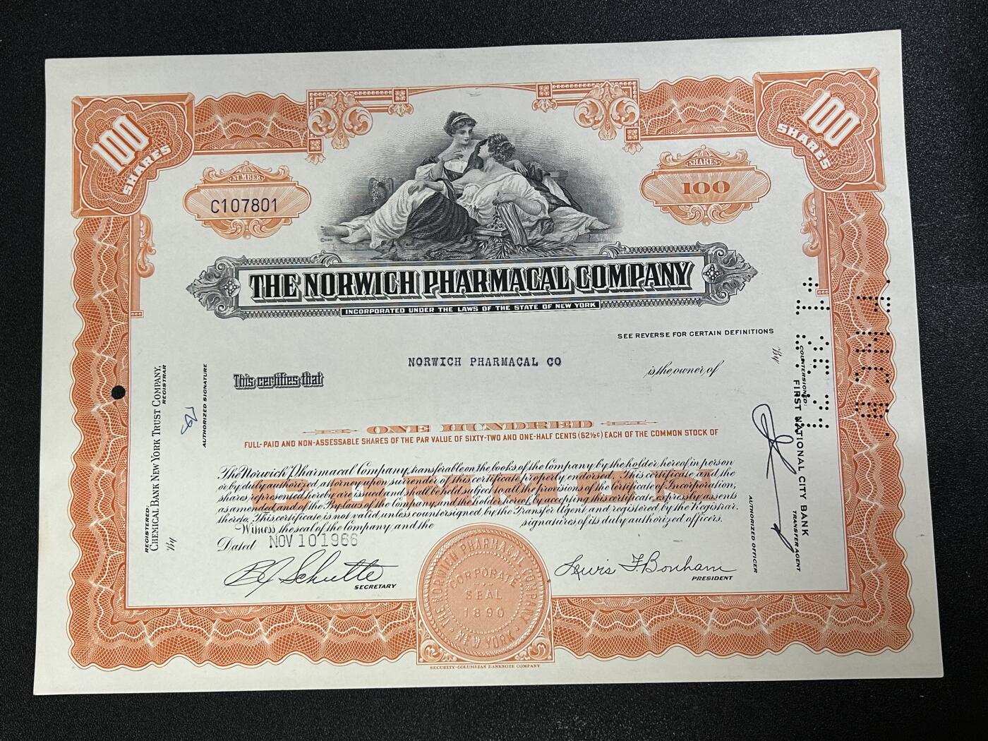 西秦中古拍卖第七十七期 2026马年新春专场 本场拍品年初九发出 美国1966年诺维奇制药股票