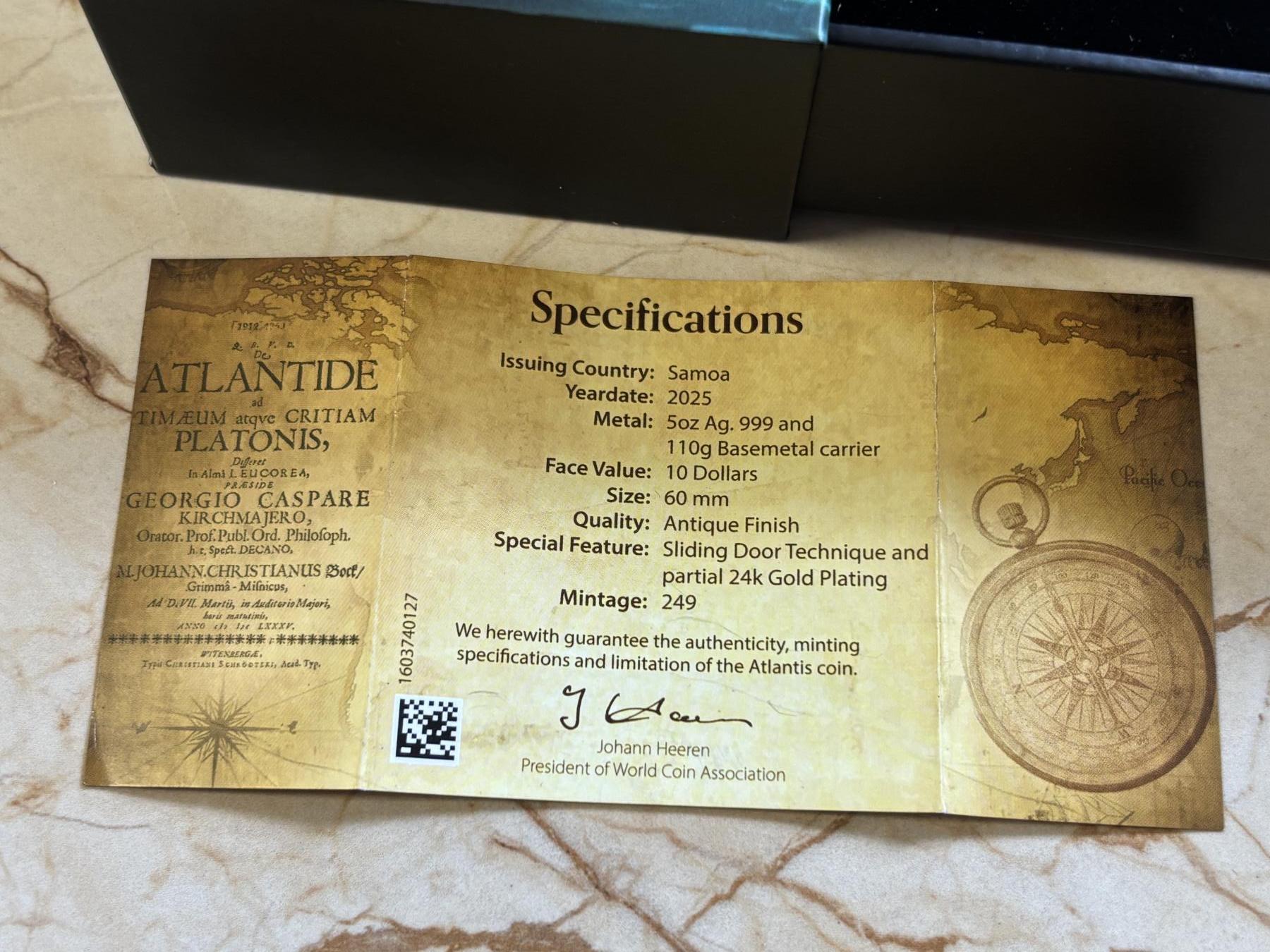 第191期拍卖 萨摩亚2025年亚特兰蒂斯仿古镀金5盎司纪念银币机关币，999银+铜镍合金，5盎司银+110克铜镍，发行249枚