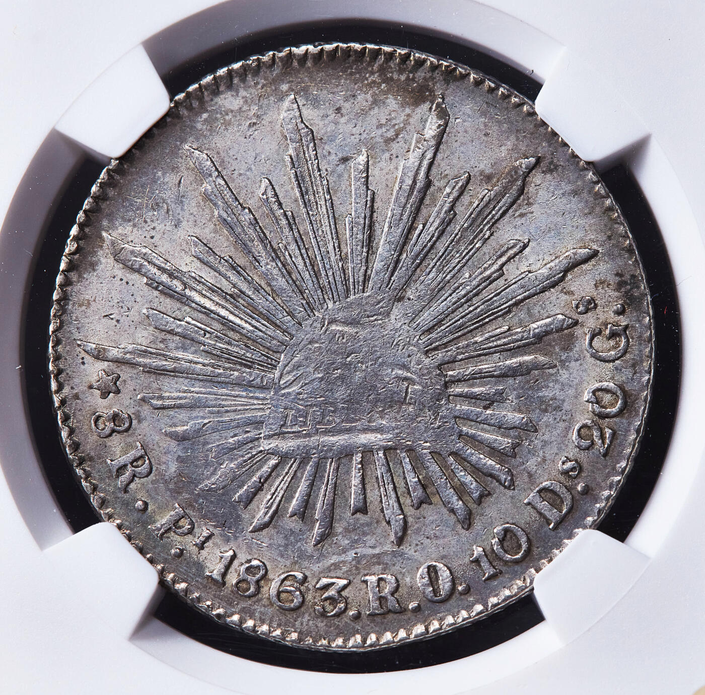 【俄甄集藏】马年新春第一拍 2026年(048)02-25星期三 晚 19:30 全场包邮 墨西哥1863年Pi RO版8里亚尔鹰洋大银币，NGC AU55，少见中期版，原味老包浆，底光犹存