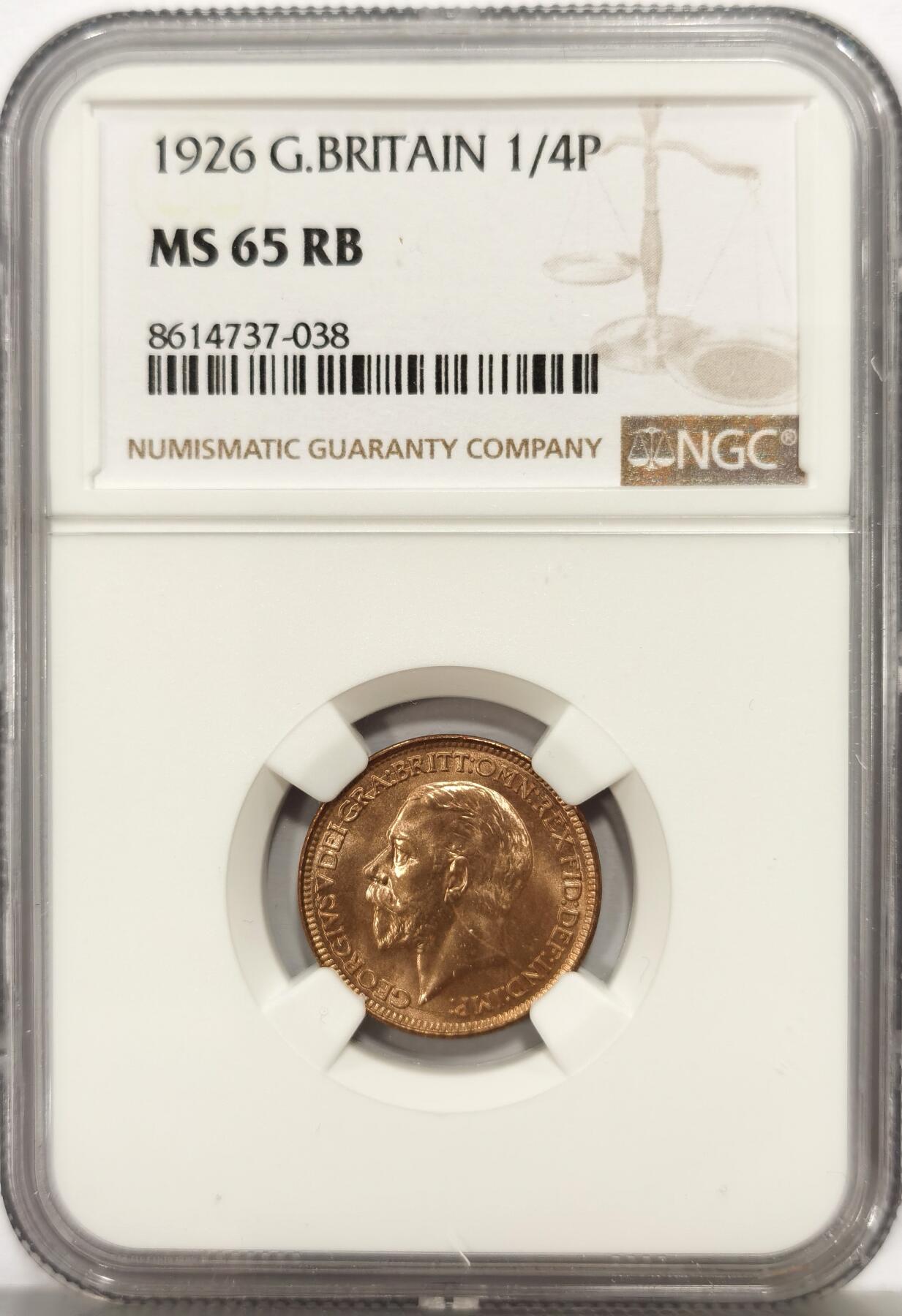 博洋堂世界钱币拍卖第162期（全场包邮） NGC MS65RB 英国1926年乔治五世国王1法新，1/4便士铜币。第三版头像 相较前两版对于细节的营造更为清晰，整体更加工整。高分难得，但是实际状态严评送pc大概率给red的品相，分数或可更高。