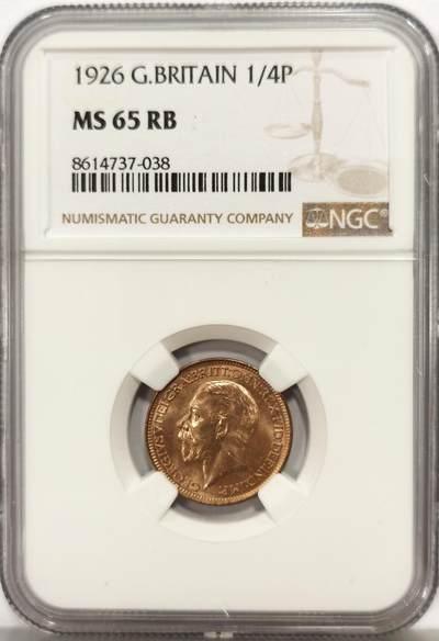 博洋堂世界钱币拍卖第162期（全场包邮） NGC MS65RB 英国1926年乔治五世国王1法新，1/4便士铜币。第三版头像 相较前两版对于细节的营造更为清晰，整体更加工整。高分难得，但是实际状态严评送pc大概率给red的品相，分数或可更高。