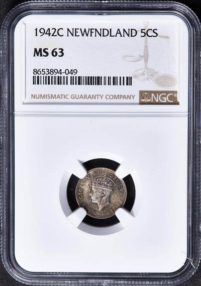 【俄甄集藏】马年新春第一拍 2026年(048)02-25星期三 晚 19:30 全场包邮 - 英属加拿大纽芬兰1942年乔治六世C版5分银币，NGC MS63，五彩包浆，转光品相