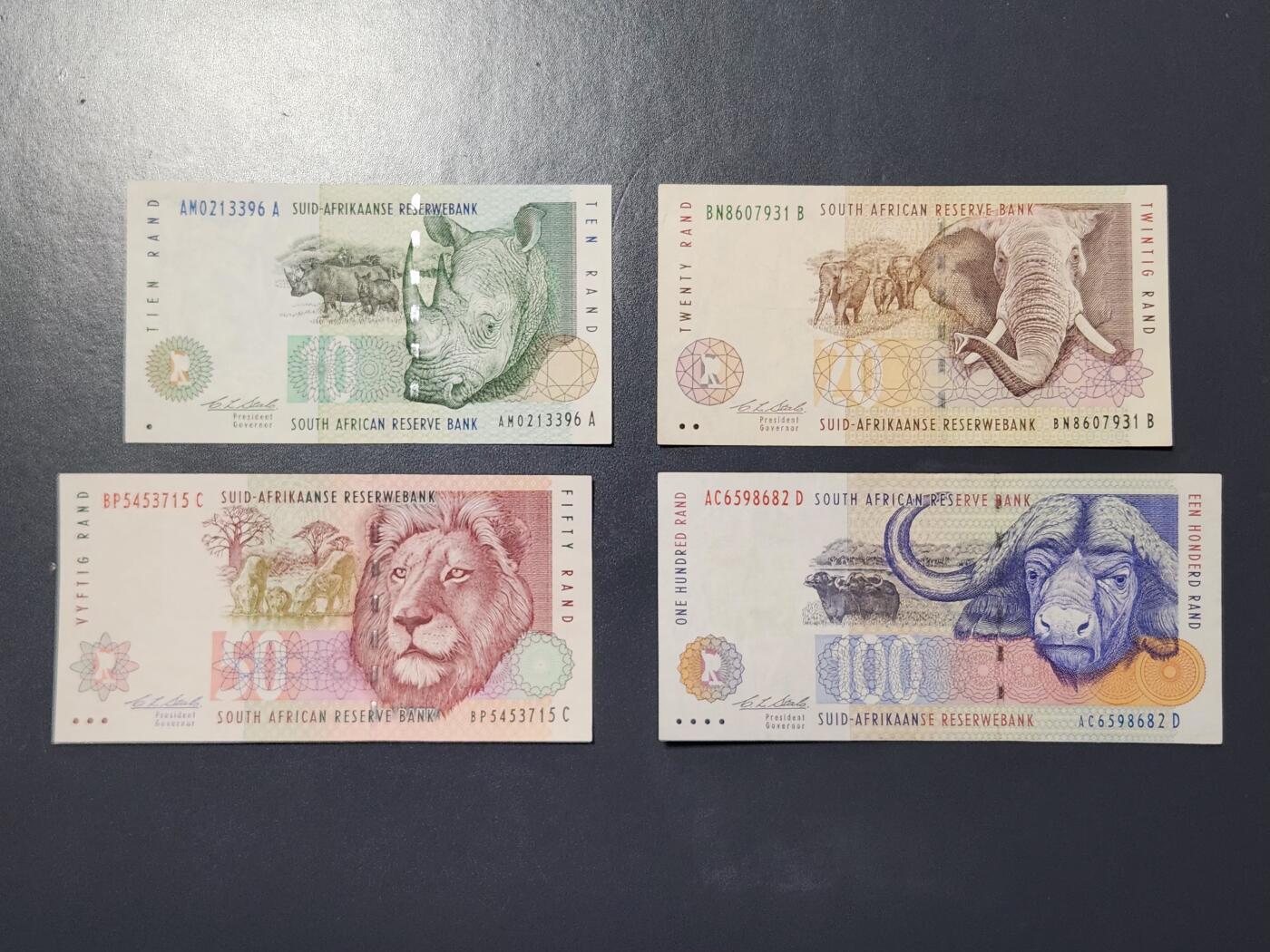 2月13号晚上8点 外国纸币自动截拍第25场 南非 首版 1992-94年 10,20,50,100兰特 原票极美品一套
