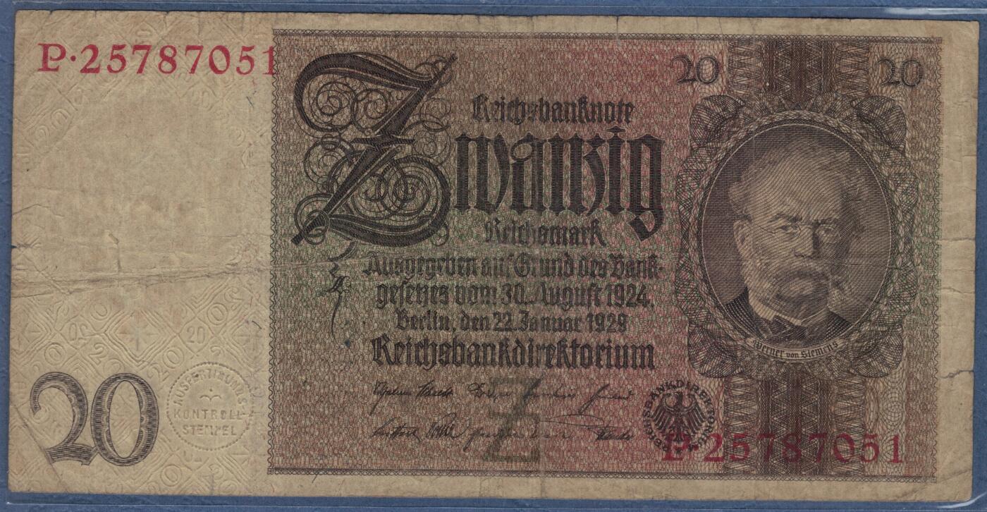 德国1929年20马克 P-181a 头像水印版 加盖字母Z 无4 实物图 八品