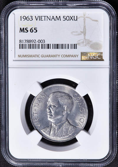 【俄甄集藏】马年新春第一拍 2026年(048)02-25星期三 晚 19:30 全场包邮 - 越南南越1963年吴庭艳50绪铝币，NGC MS65，转光品相