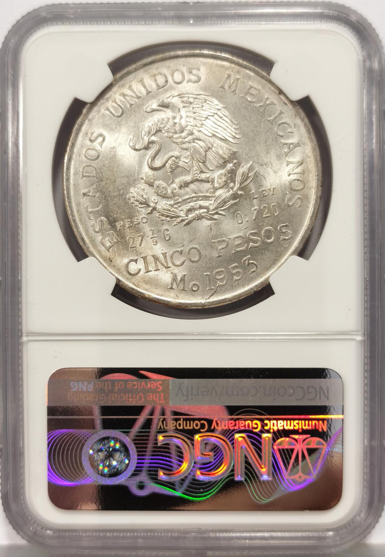 博洋堂世界钱币拍卖第162期（全场包邮） NGC MS63 墨西哥1953年5比索大银币，约含20g纯银，卷拆曝光好品。