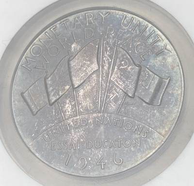 万国钱币拍卖第061期（马年首拍） NGC MS63 1946年联合国货币一体化银铜样币两枚套装 原味五彩环绕 NGC老白盒收藏级品质