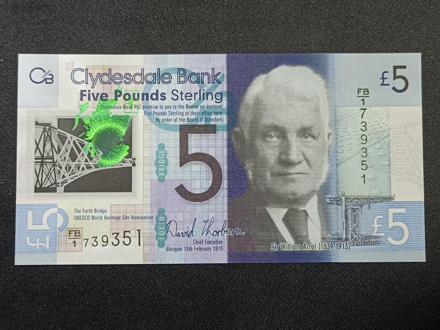 【游宝拍卖】丙午蛇马年第1期 苏格兰-5镑【2015年 苏格兰大桥纪念钞 全新UNC】