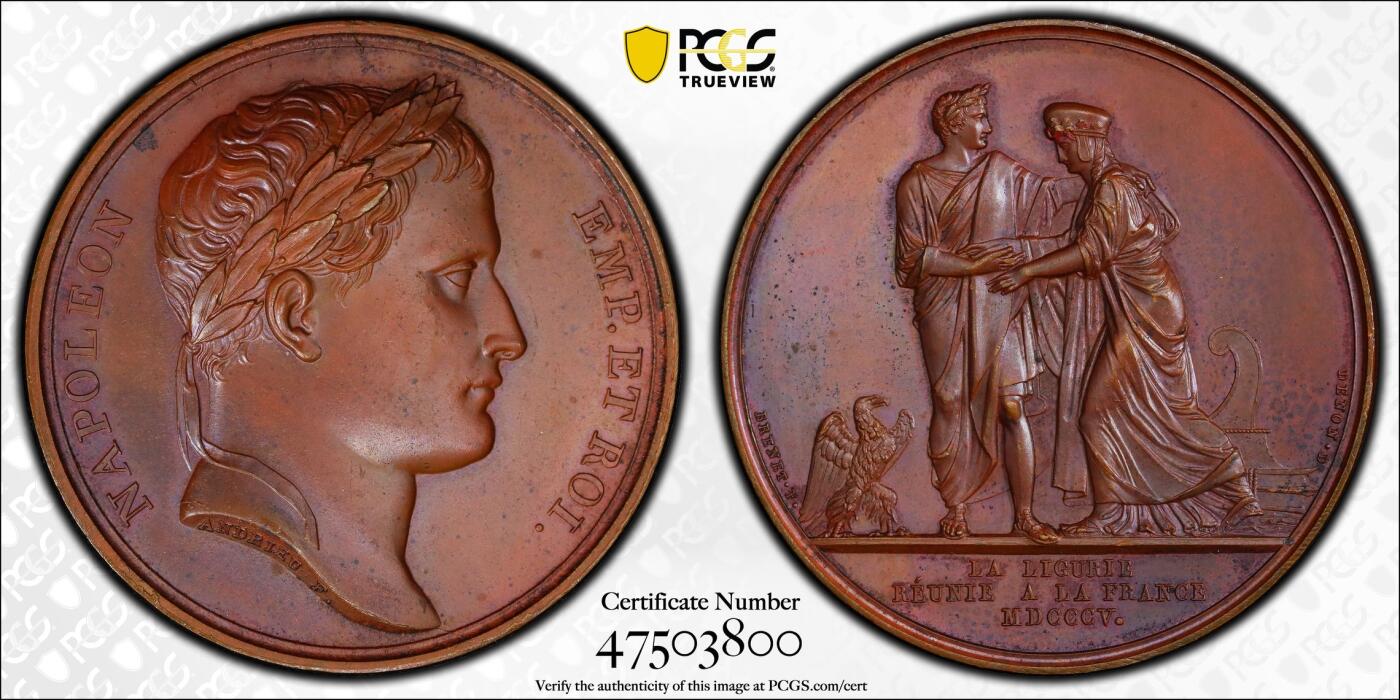 博洋堂蛇年收官专场暨第161期（全场包邮） PCGS SP64 亚军分！法国1805年拿破仑一世吞并利古里亚原铸铜章 巴黎造币厂 巧克力包浆 左边拿破仑身穿古罗马元老院服饰cos凯撒，接受右边着罗马将军长袍的利古里亚首领低头屈服，两侧饰有象征性的鹰和船头，记录着拿皇攻城略地的丰功伟绩，衣服缕缕毕现生动刻画，人像稀少品种，加厚盒 仅一枚更高分