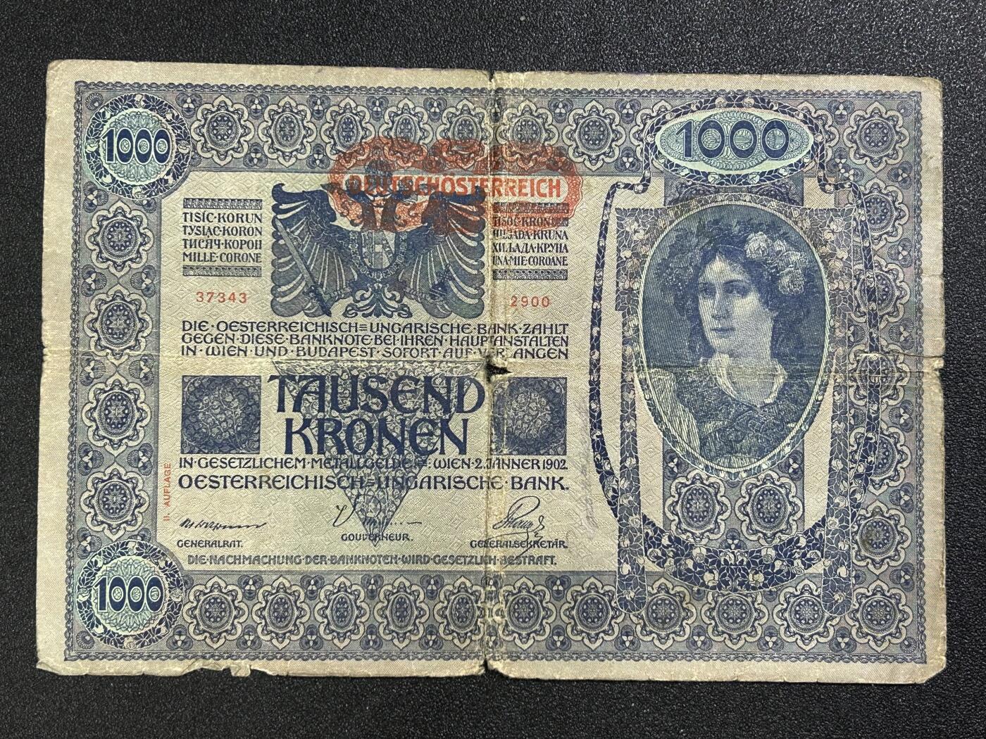 西秦中古拍卖第七十七期 2026马年新春专场 本场拍品年初九发出 德意志奥地利共和国1000克朗纸币 大票幅