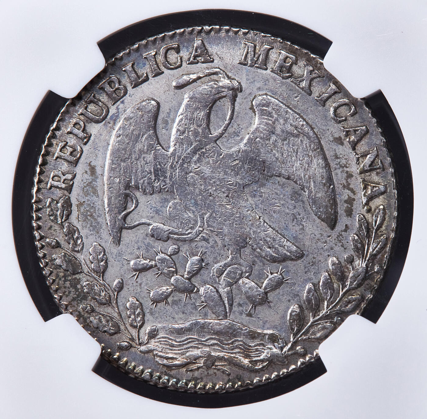 【俄甄集藏】马年新春第一拍 2026年(048)02-25星期三 晚 19:30 全场包邮 墨西哥1863年Pi RO版8里亚尔鹰洋大银币，NGC AU55，少见中期版，原味老包浆，底光犹存