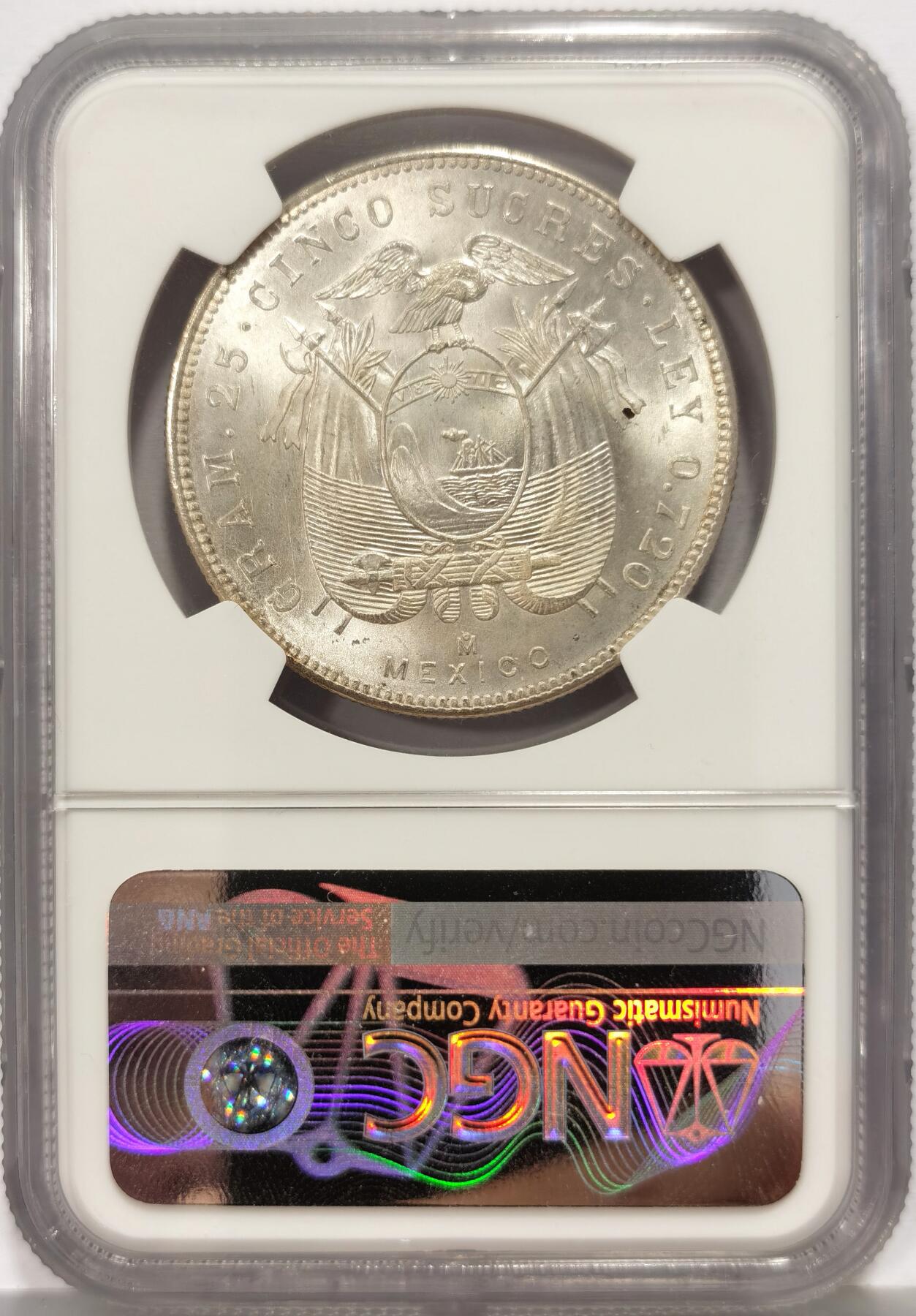 博洋堂世界钱币拍卖第162期（全场包邮） NGC MS63 厄瓜多尔1943年5苏克雷大银币，五彩转光好品。