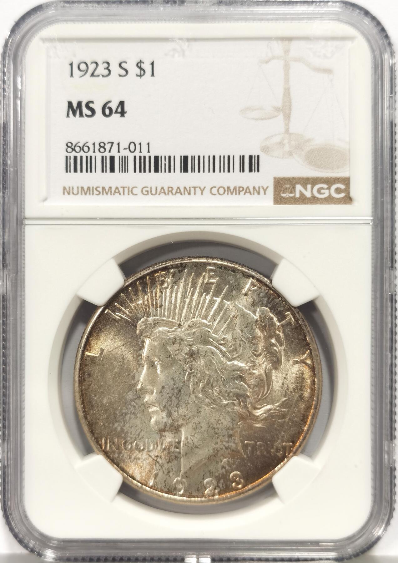 博洋堂蛇年收官专场暨第161期（全场包邮） NGC MS64 美国1923 S 和平 双面覆盖五彩包浆 严重低评 转光犀利 几无流通痕迹 稀有年份