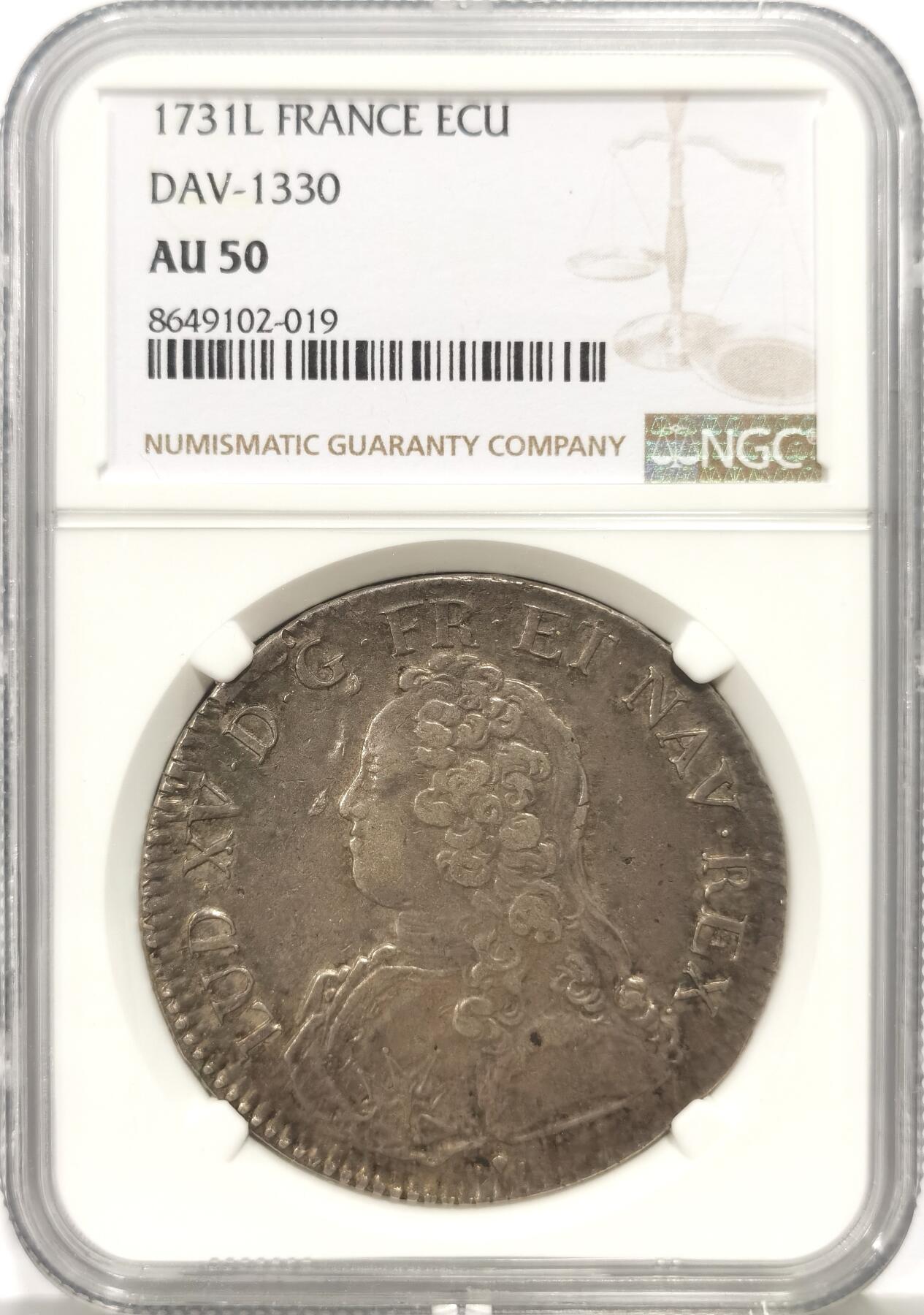 博洋堂蛇年收官专场暨第161期（全场包邮） NGC AU50 法国1731L（巴约讷）路易十五埃居大银 人物细节打制清晰 深彩包浆 少见厂别 N盒唯一冠军分数