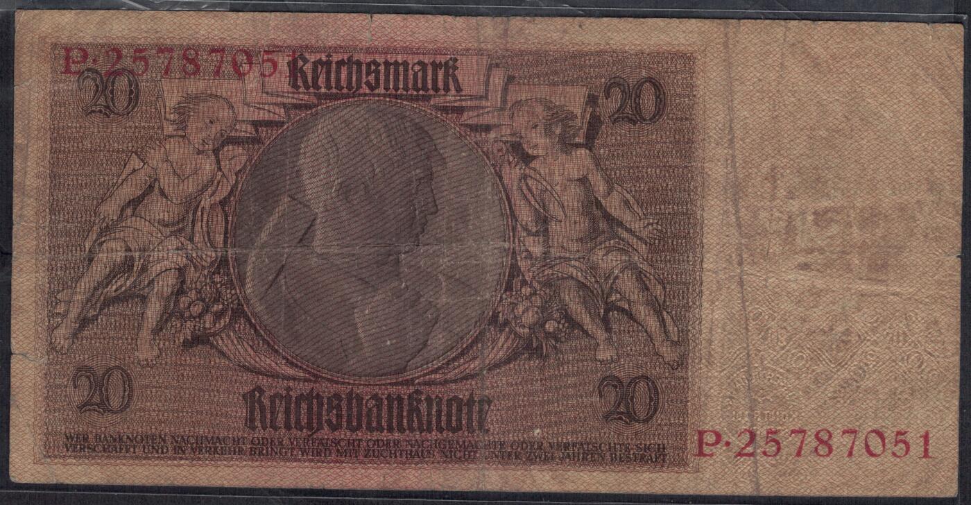 德国1929年20马克 P-181a 头像水印版 加盖字母Z 无4 实物图 八品