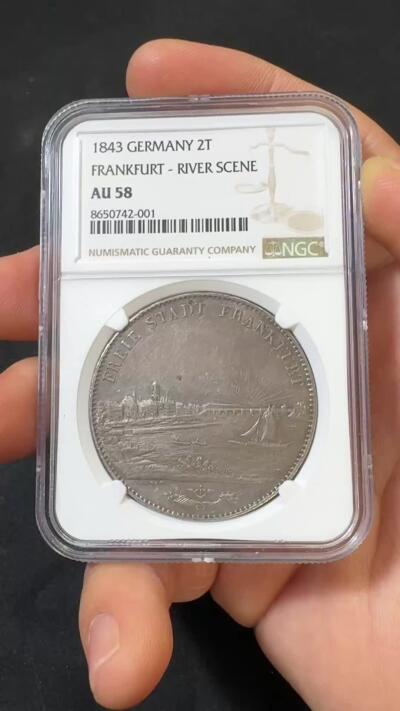 “福币呈祥”新年甄品场（直播拍卖）甄臻铺-世界币章拍卖（第50期），送拍享返佣金等优惠多多 NGC-AU58 德国1843年法兰克福景观2泰勒大银币，顶级热门品种 