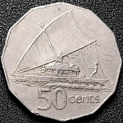 泉币菌-第192场- 除夕专场-新年快乐 本场拍品多 请提前出价（年后发货） - 土著帆船 中年女王 英属斐济50分多边形镍币1976年 31.5mm13.4g