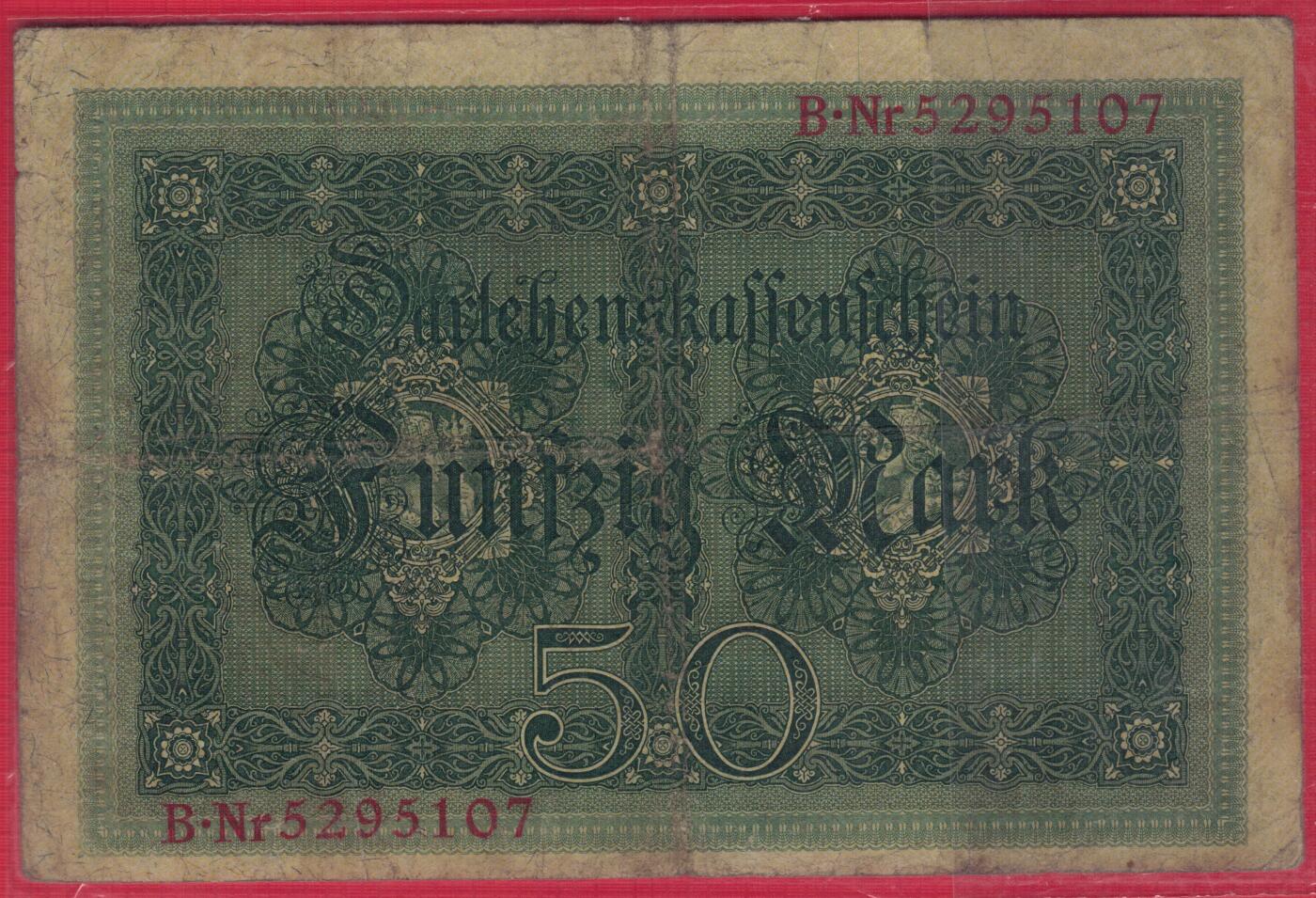 德国1914年50马克 战争贷款金库券 P-49b 七位号码 无4 品相如图