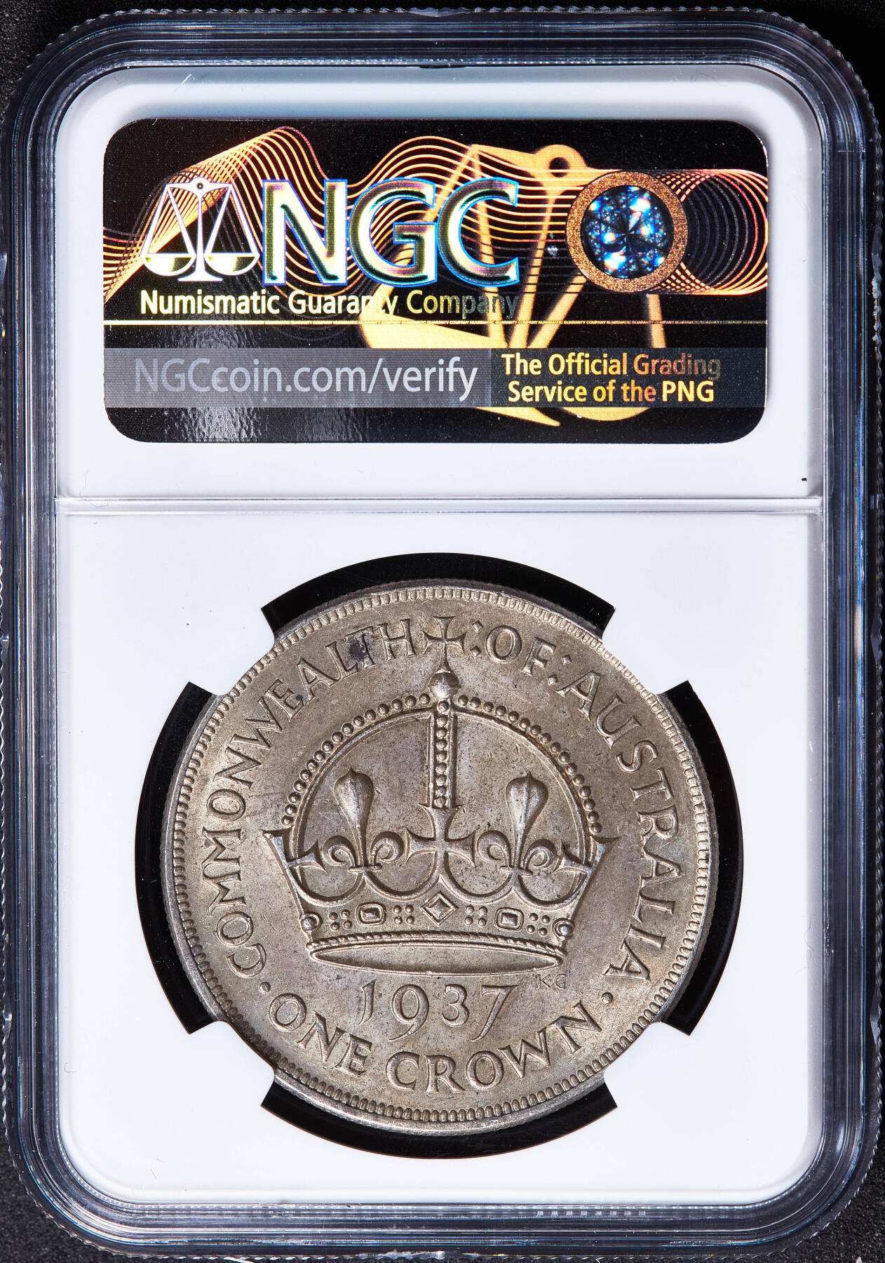 【俄甄集藏】马年新春第一拍 2026年(048)02-25星期三 晚 19:30 全场包邮 澳大利亚1937年乔治六世1克朗大银币，NGC MS62，黄油彩老包浆，原光品相