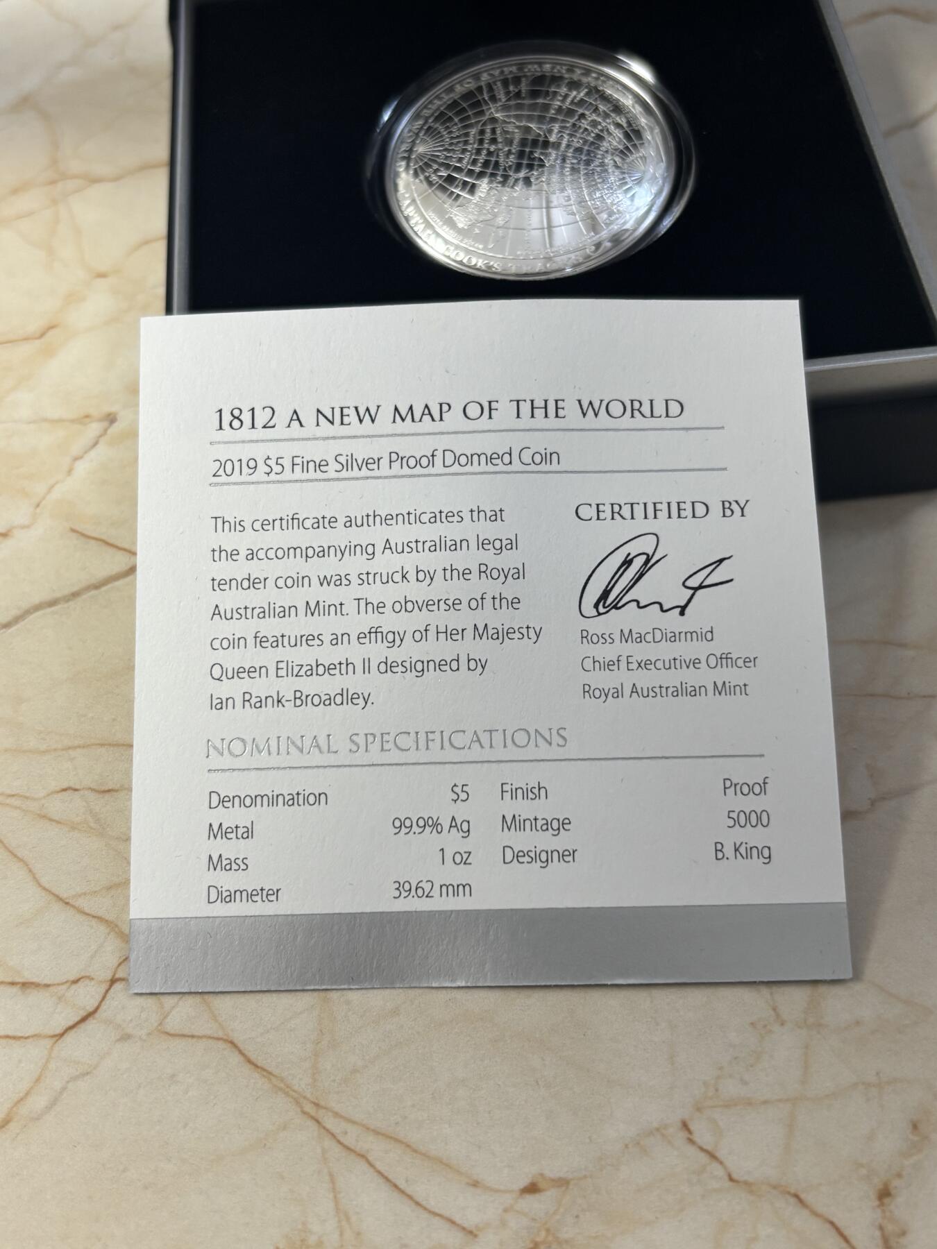 第191期拍卖 澳大利亚2019年1812年新世界地图曲面精制纪念银币，999银，发行5000枚