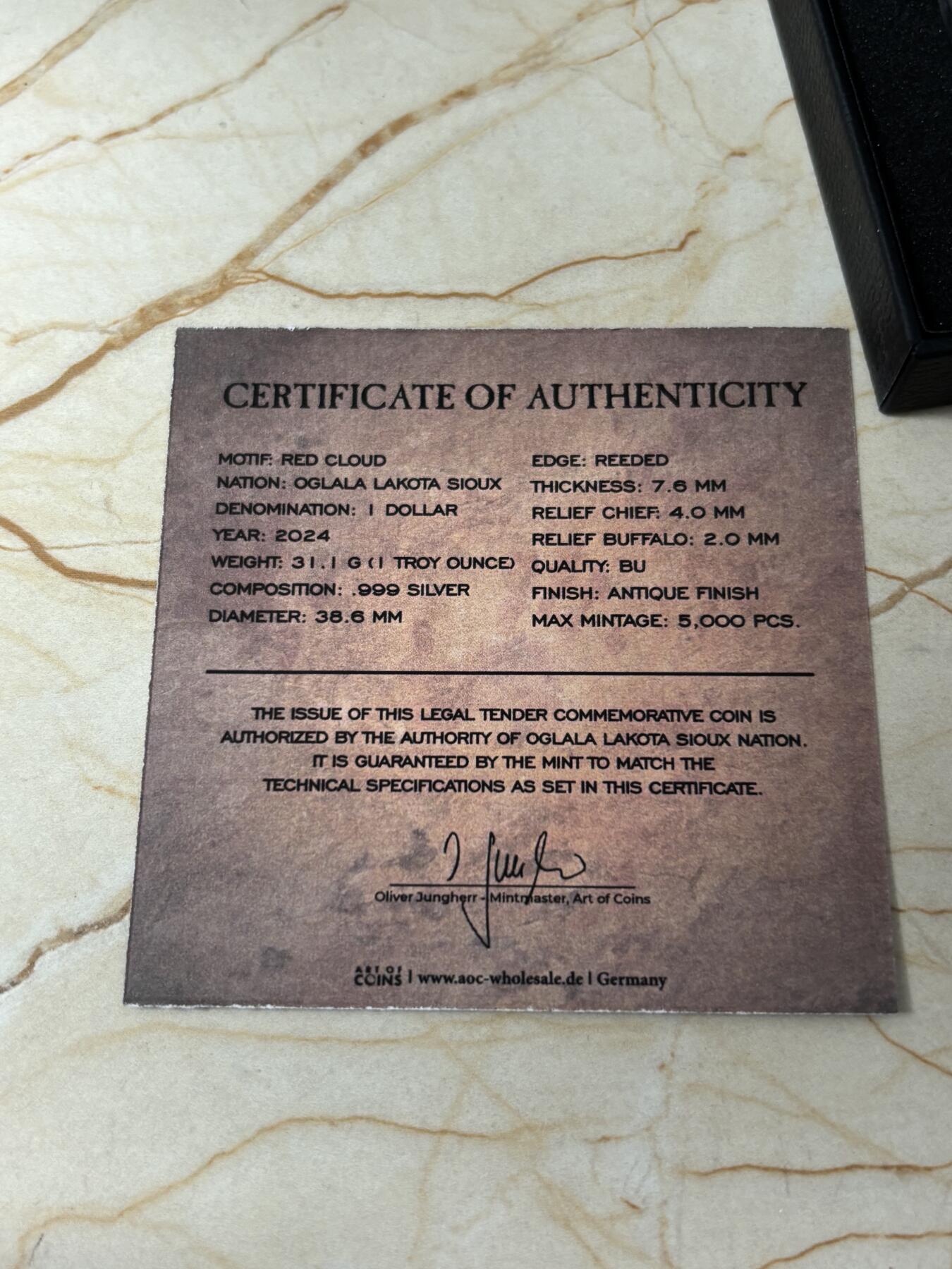 第191期拍卖 美国2024年印第安红云酋长双面高浮雕仿古版银币，999银，发行5000枚，有氧化