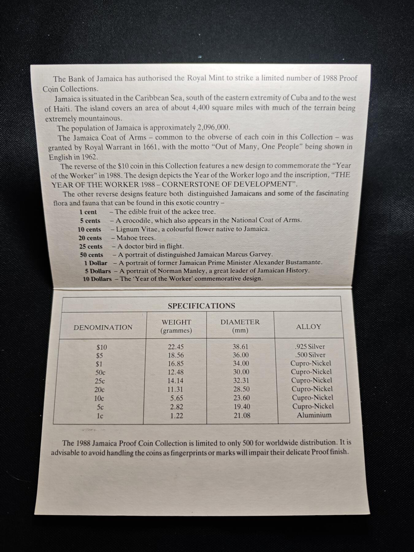 KK钱币收藏小铺  第400期  百期特拍（四拍之四）2月预留时间 周末发货  1988牙买加精制套币 盒证全 带$10纪念银币和$5两枚大银币 发行量1000