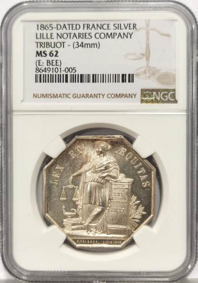 博洋堂蛇年收官专场暨第161期（全场包邮） - NGC MS62 法国1865年里尔公正商会八角银代币 蜜蜂边铭 丝滑原光