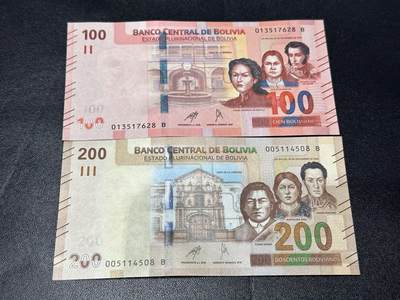 《外钞收藏家》第六百一十一期（农历新年第一场/快递恢复正常再发货）（长期征集拍品、欢迎藏友们联系合作） - 玻利维亚100和200面额 2张一起 全新 尾（28、08）