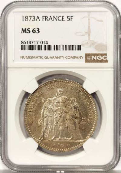 博洋堂世界钱币拍卖第162期（全场包邮） - NGC MS63 法国1873年大力神5法郎大银币，经典品种，极美五彩，高品质的一枚。