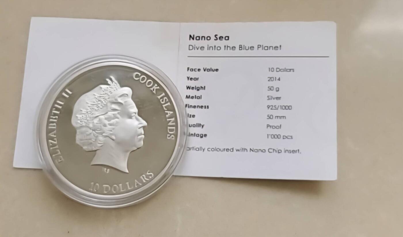 【币将精彩】世界钱币马年新春拍卖（2026-2-22） 库克2014年海底世界纳米芯片镶嵌50克银币带证书包装。
