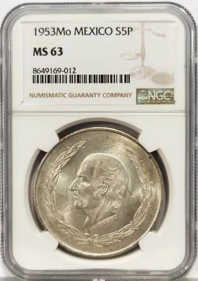 博洋堂世界钱币拍卖第162期（全场包邮） - NGC MS63 墨西哥1953年5比索大银币，约含20g纯银，卷拆曝光好品。